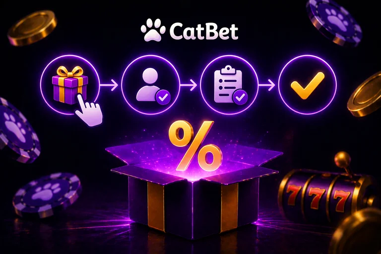 Як активувати бонус на CatBet — розділ Акції в кабінеті, кнопка Отримати, введення промокоду та підтвердження після депозиту