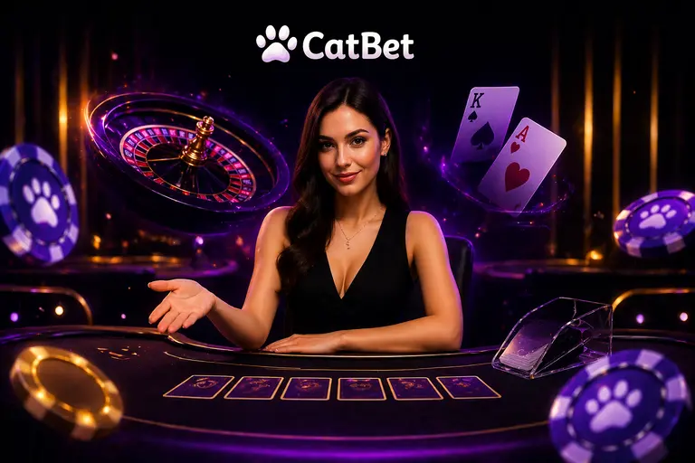 Лайв-казино CatBet із прямими трансляціями столів рулетки, блекджеку, бакари та покеру з професійними дилерами та чатом у реальному часі