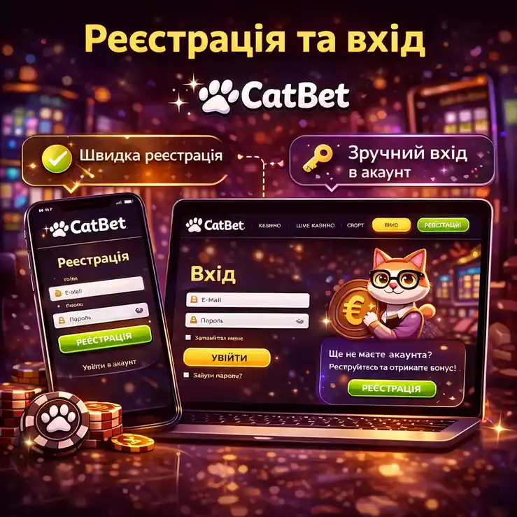 Форми реєстрації та входу на CatBet з полями email і пароля, кнопками Увійти та Реєстрація у верхній панелі сайту