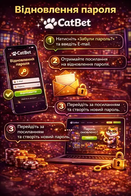 Відновлення пароля на CatBet — посилання Забули пароль під формою входу, введення email, отримання листа та створення нового пароля